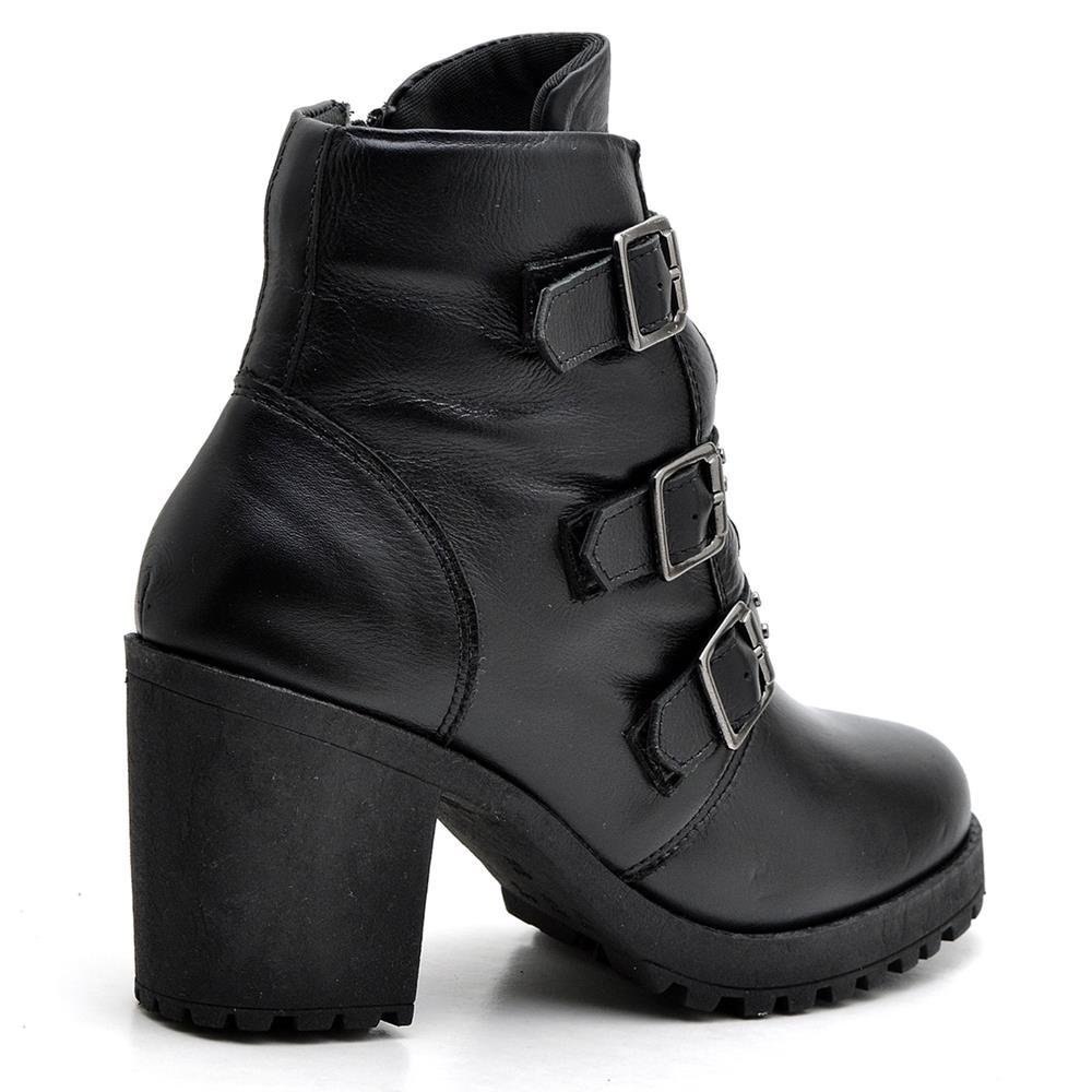 Bota Coturno Feminina Couro Fívela Cano Médio Estilo Moda Preto 3
