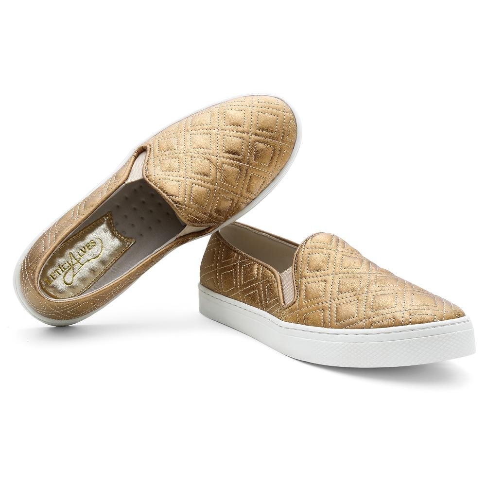 Tênis Feminino Slip On Casual Moderno Estilo Confortável Dourado 1