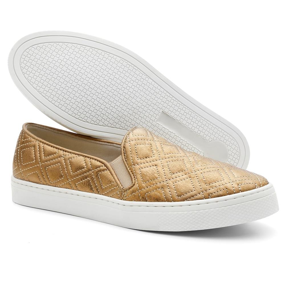 Tênis Feminino Slip On Casual Moderno Estilo Confortável Dourado 3