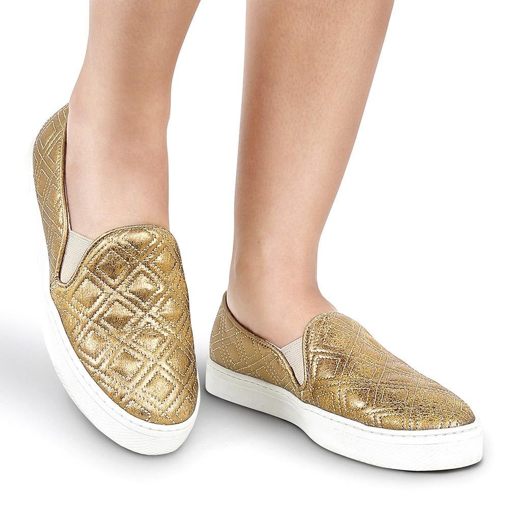 Tênis Feminino Slip On Casual Moderno Estilo Confortável Dourado 4