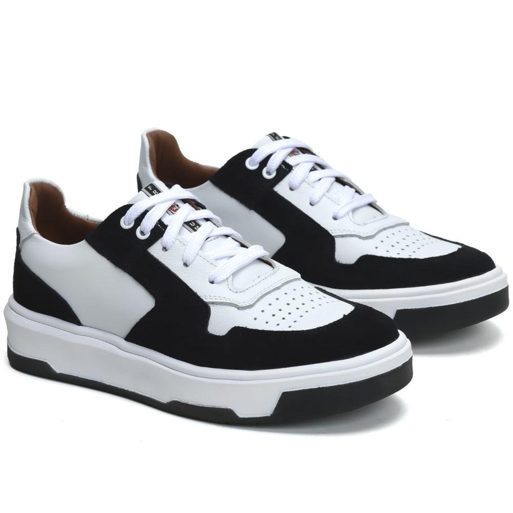 Tênis Casual Masculino Couro Robusto Fechamento Cadarço Preto/Branco 1