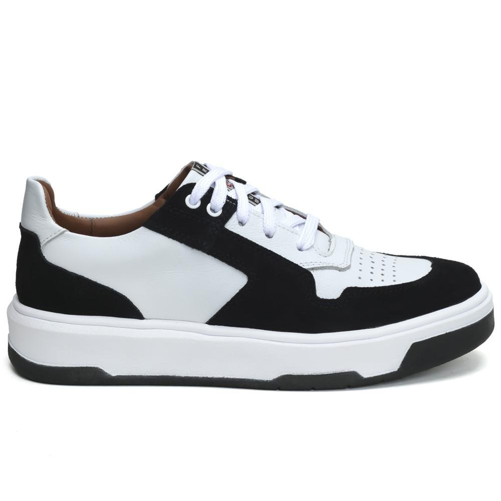 Tênis Casual Masculino Couro Robusto Fechamento Cadarço Preto/Branco 2