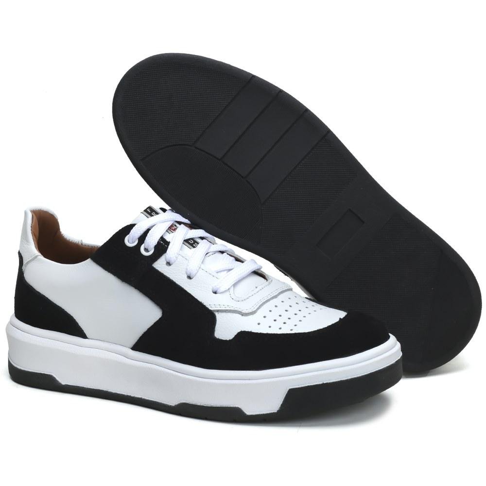 Tênis Casual Masculino Couro Robusto Fechamento Cadarço Preto/Branco 4