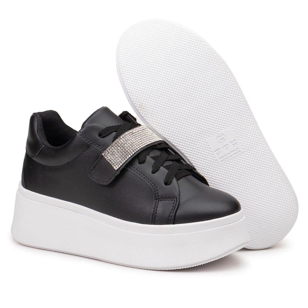 Tênis Feminino Plataforma Casual Strass Removível Preto 4