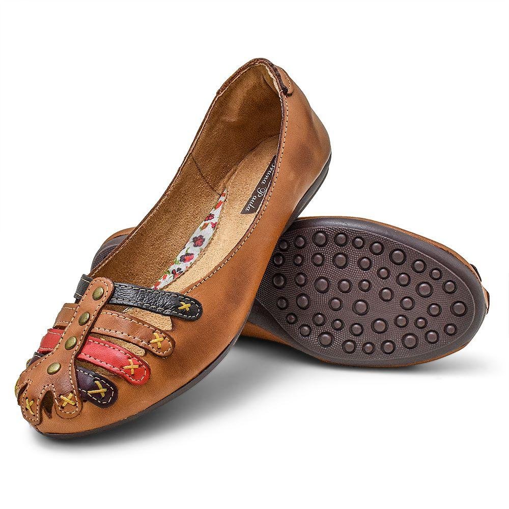 Sapatilha em Couro Feminina Conforto Casual Marrom/Preto 4