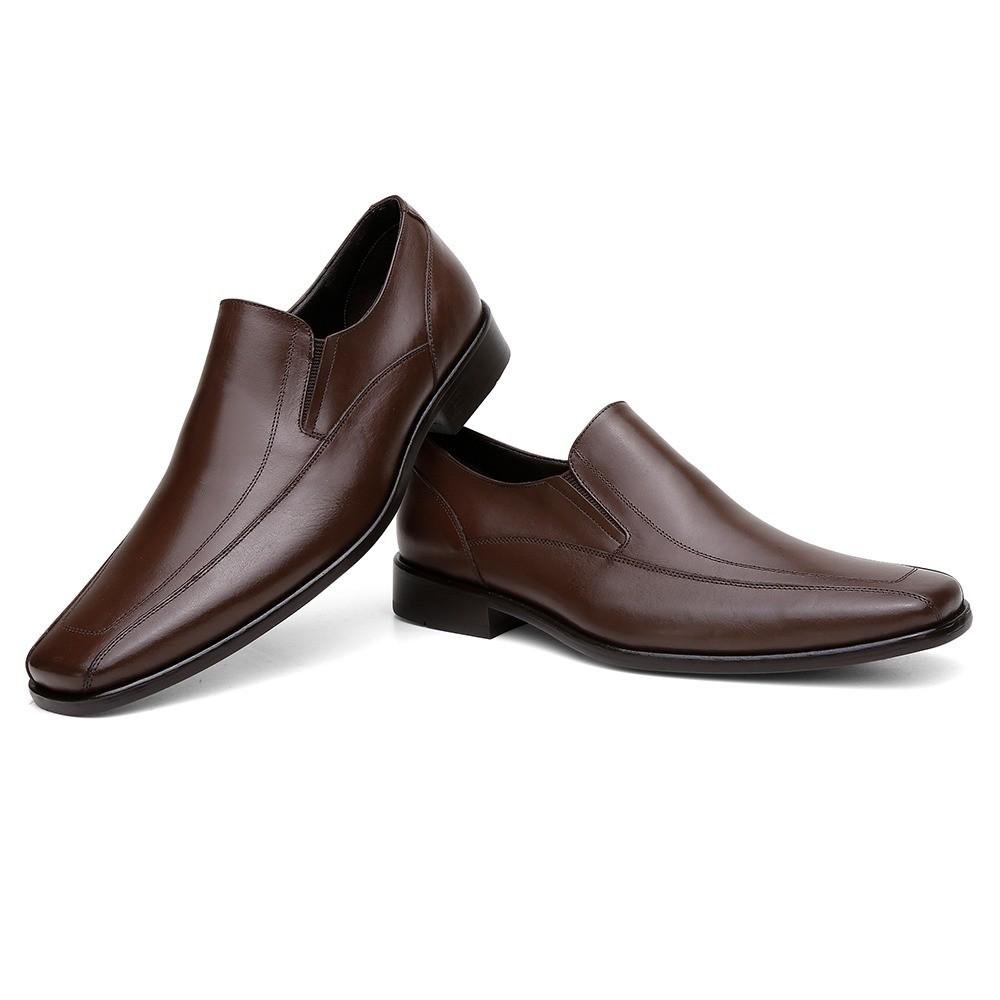 Sapato Social Masculino Couro Bico Quadrado Elástico Conforto Marrom 2