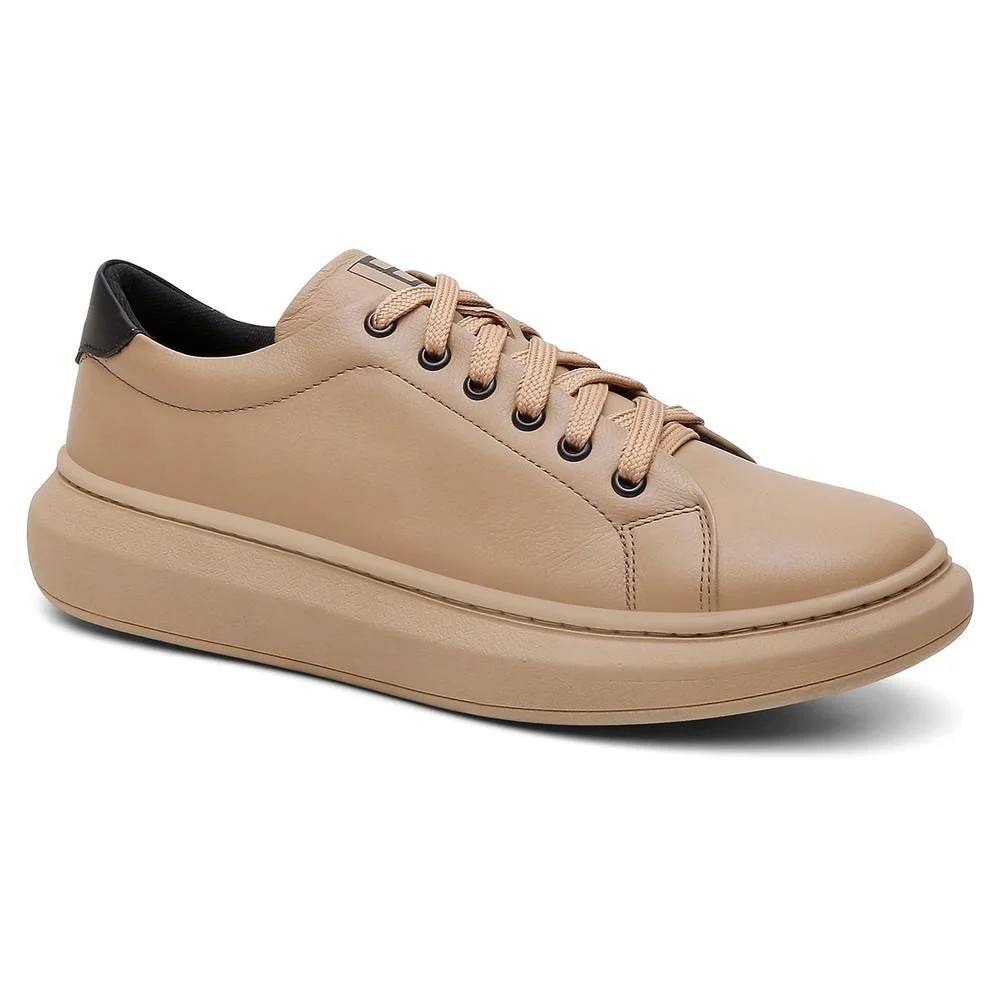 Tênis Masculino Couro Casual Conforto Cadarço Marrom Claro 2