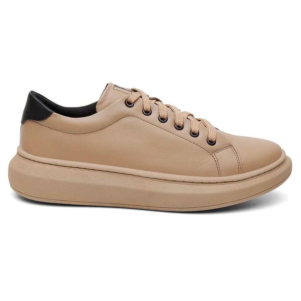 Tênis Masculino Couro Casual Conforto Cadarço Marrom Claro 3