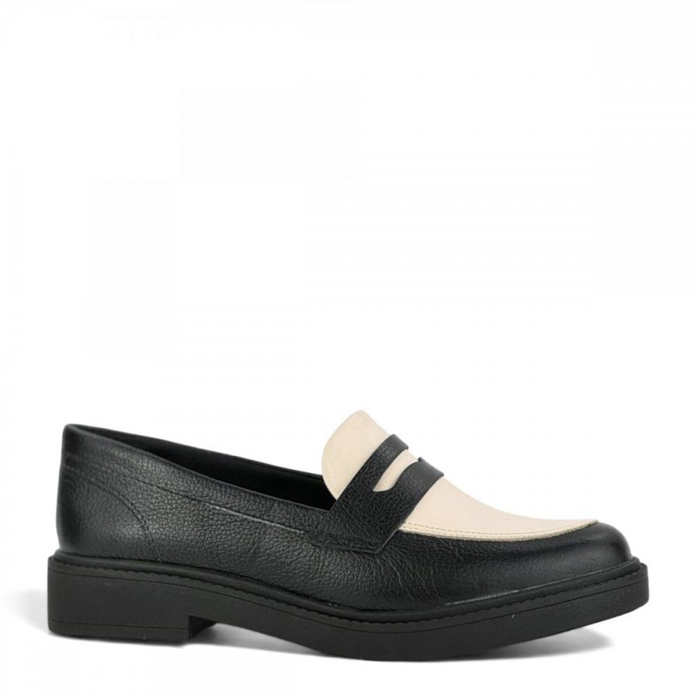 Sapato Mocassim Loafer Couro Legitimo Casual Khalil Feminino Preto/Branco 1
