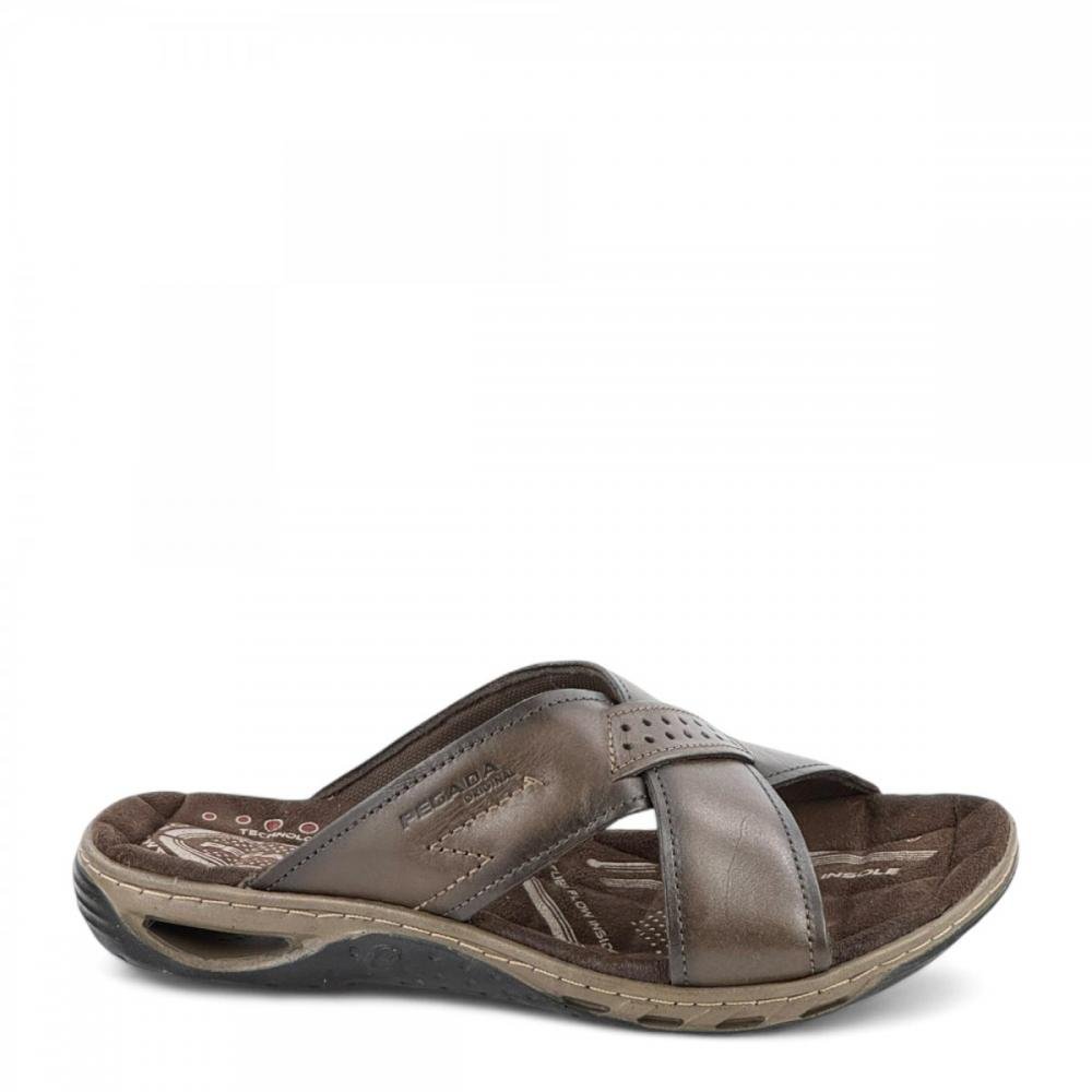 Chinelo Tira Transpassada Couro Legítimo Amortecedor Pegada Masculino Marrom 1