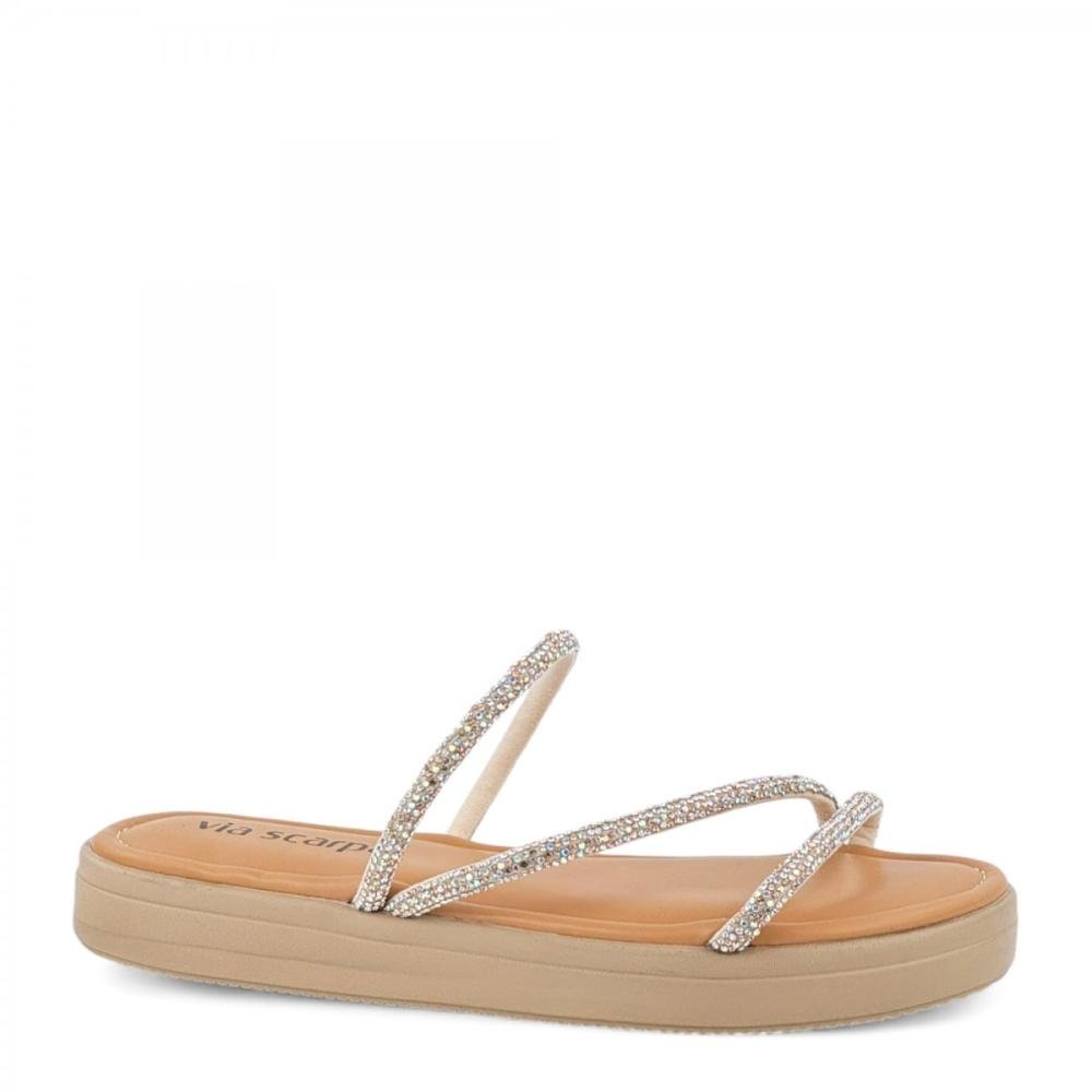Sandália Papete Casual Tiras Brilhantes Via Scarpa Feminina Bege 1