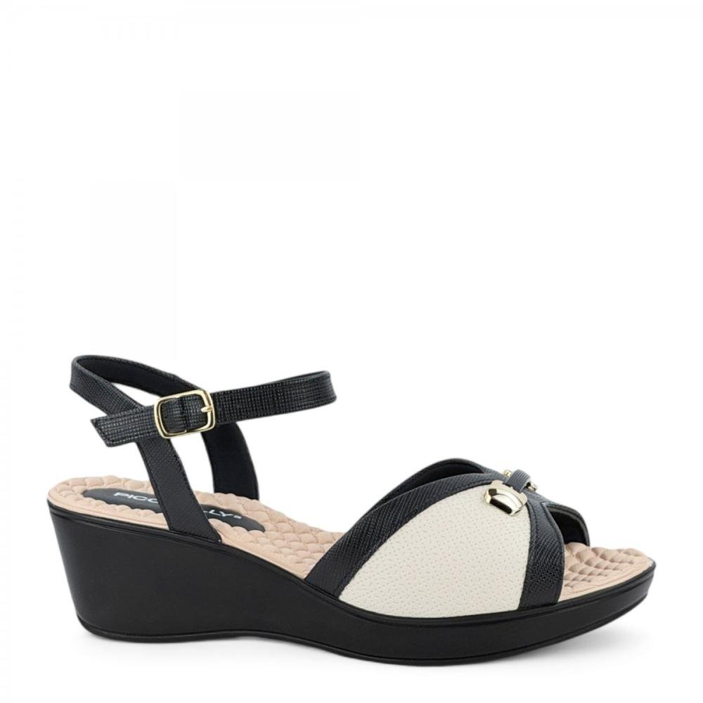 Sandália Casual Anabela Joanete Piccadilly Feminina Branco/Preto
