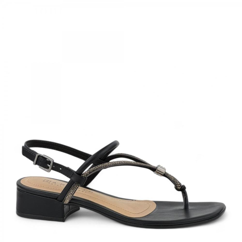 Sandália Dedo Salto Bloco Baixo Brilhantes Ramarim Feminina Preto