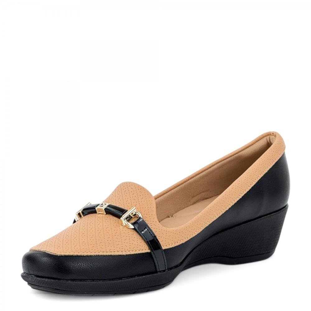 Sapato Salto Anabela Conforto Piccadilly Feminino Preto/Bege 2