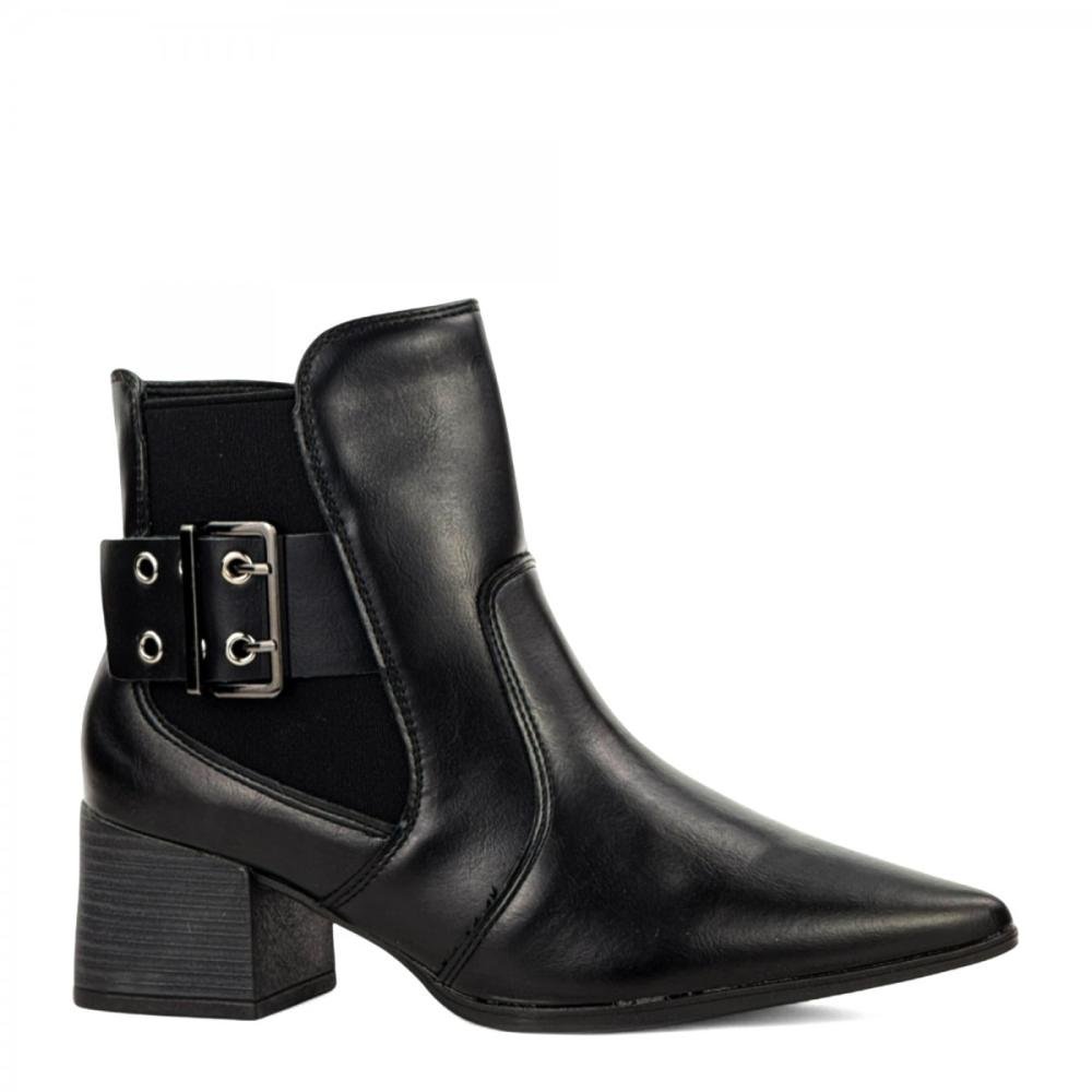 Bota Curta Fivela Salto Bloco Bico Fino Ramarim Feminina Preto