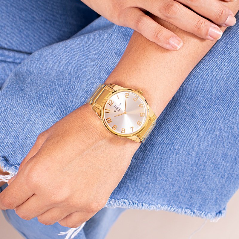 Relógio Feminino Dourado Champion Elegance  CN27652W  + Kit Colar e Brincos Prova D´Agua Dourado 3