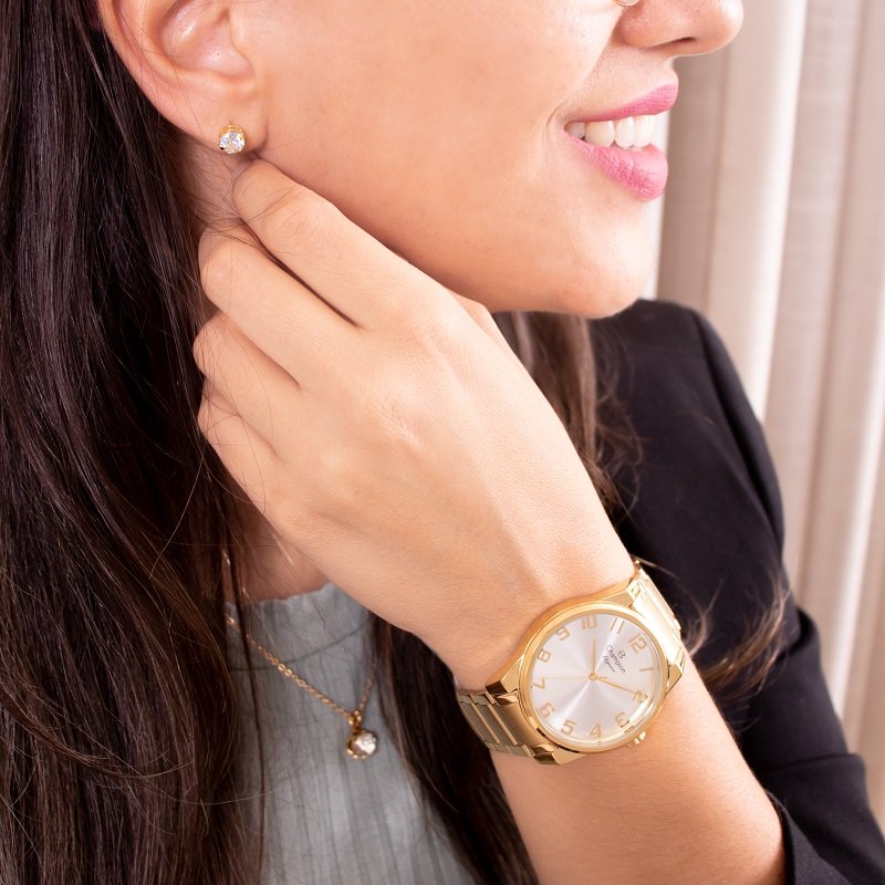 Relógio Feminino Dourado Champion Elegance  CN27652W  + Kit Colar e Brincos Prova D´Agua Dourado 5