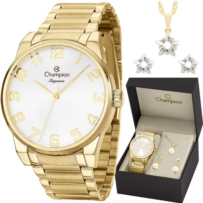 Relógio Feminino Dourado Champion Elegance  CN27652W  + Kit Colar e Brincos Prova D´Agua Dourado 7