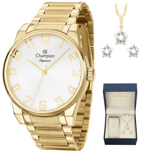 Relógio Feminino Dourado Champion Elegance  CN27652W  + Kit Colar e Brincos Prova D´Agua Dourado 8