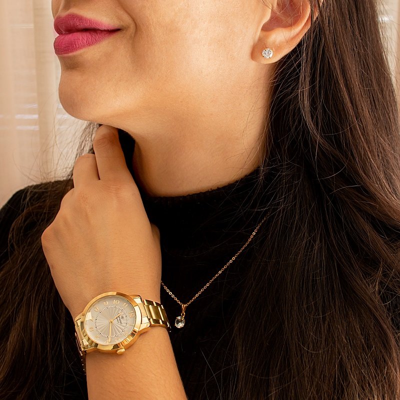 Relógio Champion Feminino Analógico Dourado + Colar e Brincos - Garantia de Um Ano Dourado 3