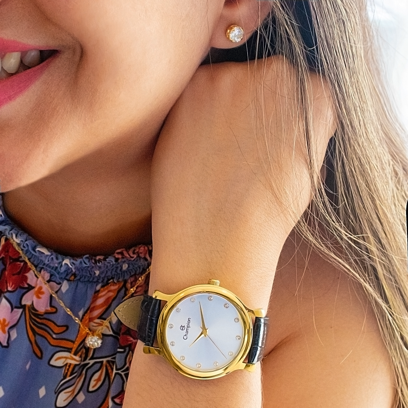 Relógio Feminino Champion Couro CH22733B Colar e Brincos Preto 4