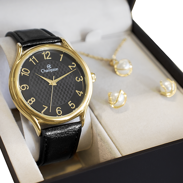 Relógio Champion Feminino Analógico Couro CH22706K + Kit Colar e Brincos Preto 1