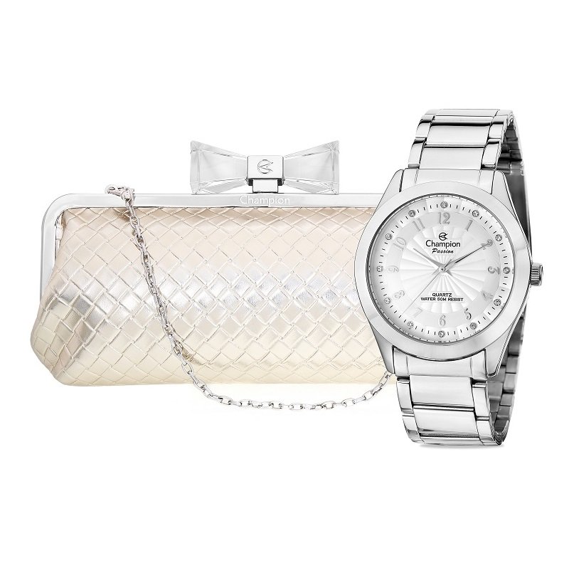 Relógio Feminino Champion Prata Analógico CN29410B + Bolsa Clutch Prata 2