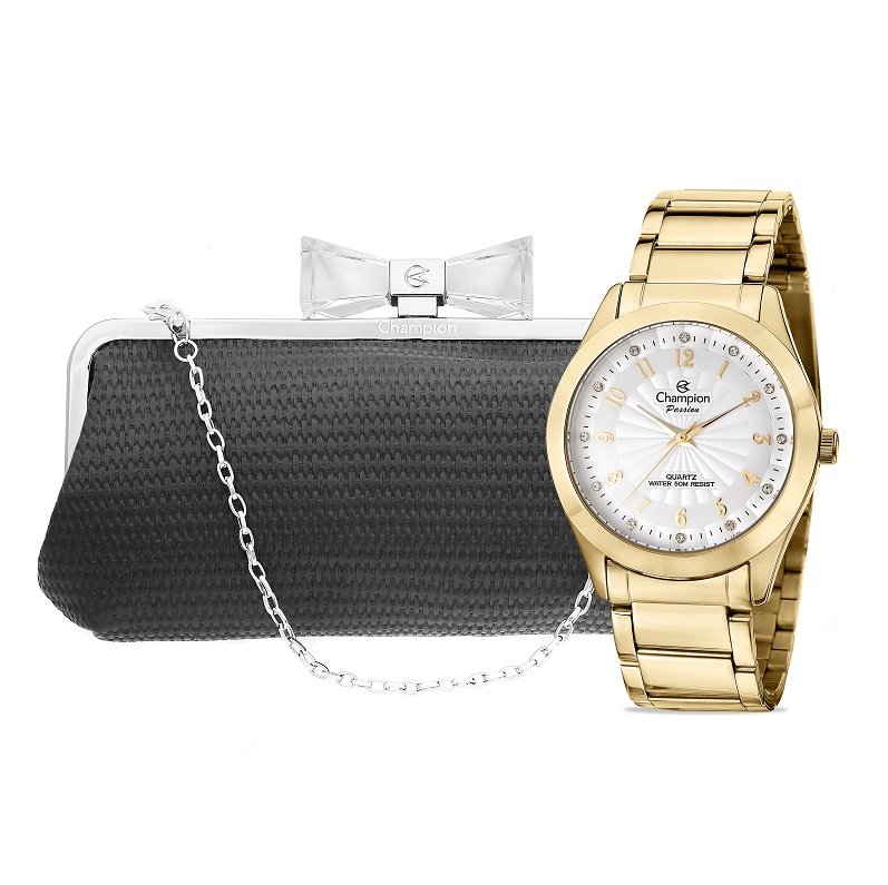 Relógio Feminino Champion Dourado Analógico CN29409G + Bolsa Clutch Dourado 1