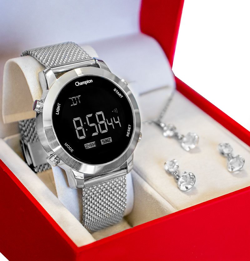 Relógio Champion Feminino Digital LED Prata CH40062T + Kit Colar e Brincos Prata 1