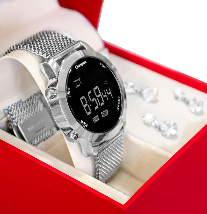 Relógio Champion Feminino Digital LED Prata CH40062T + Kit Colar e Brincos Prata 3