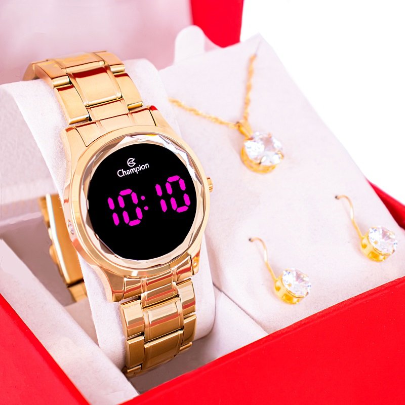 Relógio de Pulso Champion Feminino Digital Dourado CH48019H Colar e Brincos Dourado 1