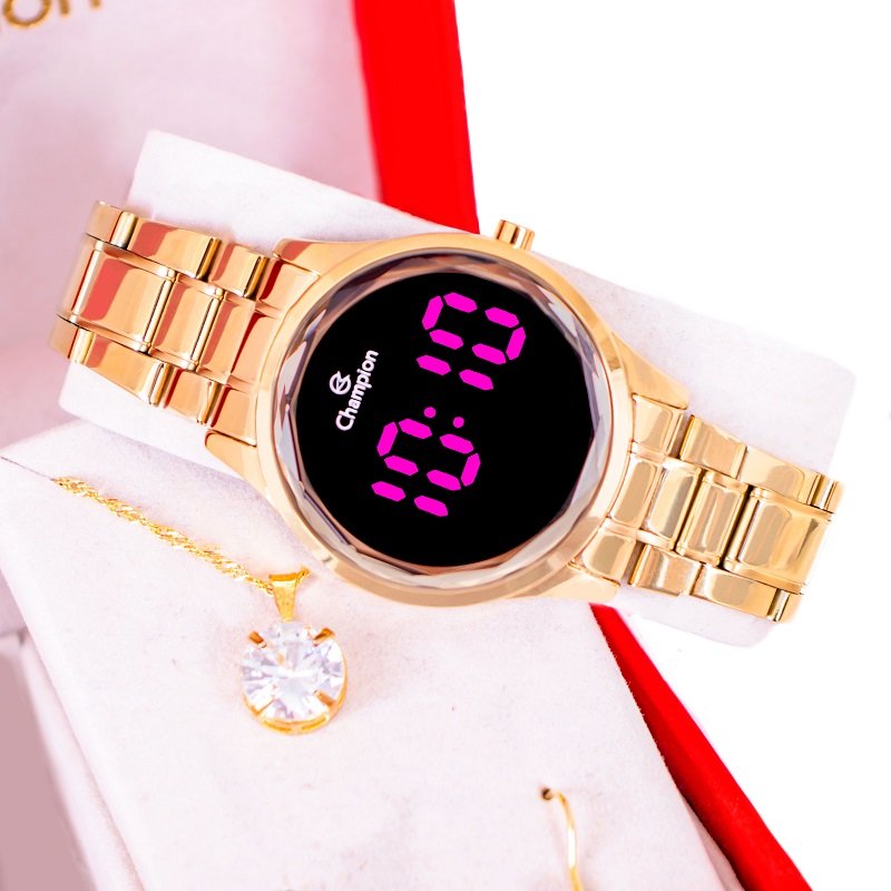 Relógio de Pulso Champion Feminino Digital Dourado CH48019H Colar e Brincos Dourado 6