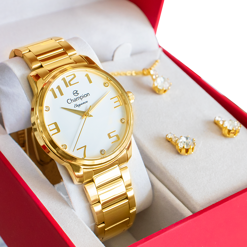 Relógio Champion Feminino Dourado Analógico Prova D´agua CN26028W Colar e Brincos Dourado 1