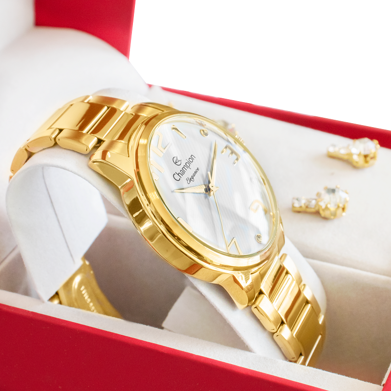 Relógio Champion Feminino Dourado Analógico Prova D´agua CN26028W Colar e Brincos Dourado 5