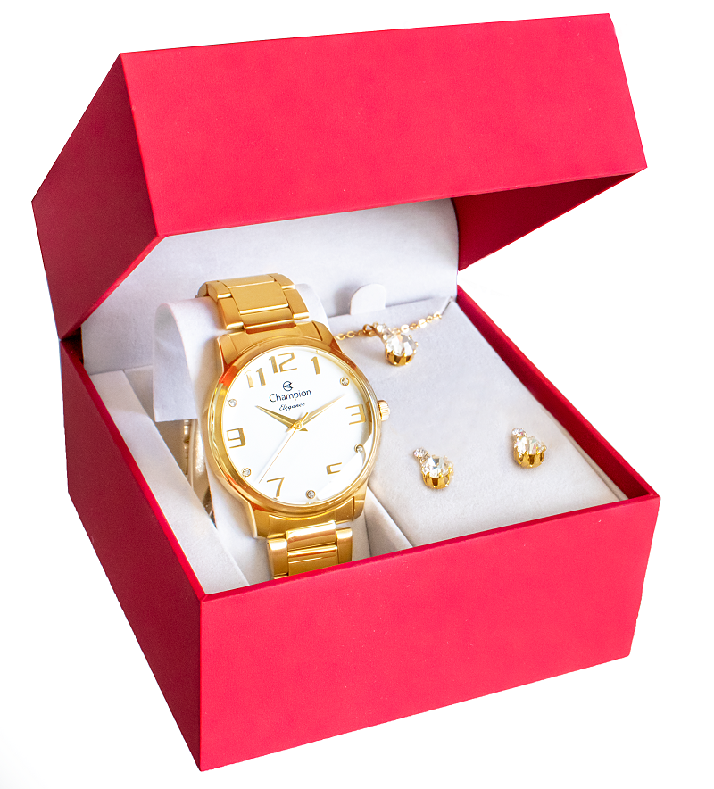 Relógio Champion Feminino Dourado Analógico Prova D´agua CN26028W Colar e Brincos Dourado 6