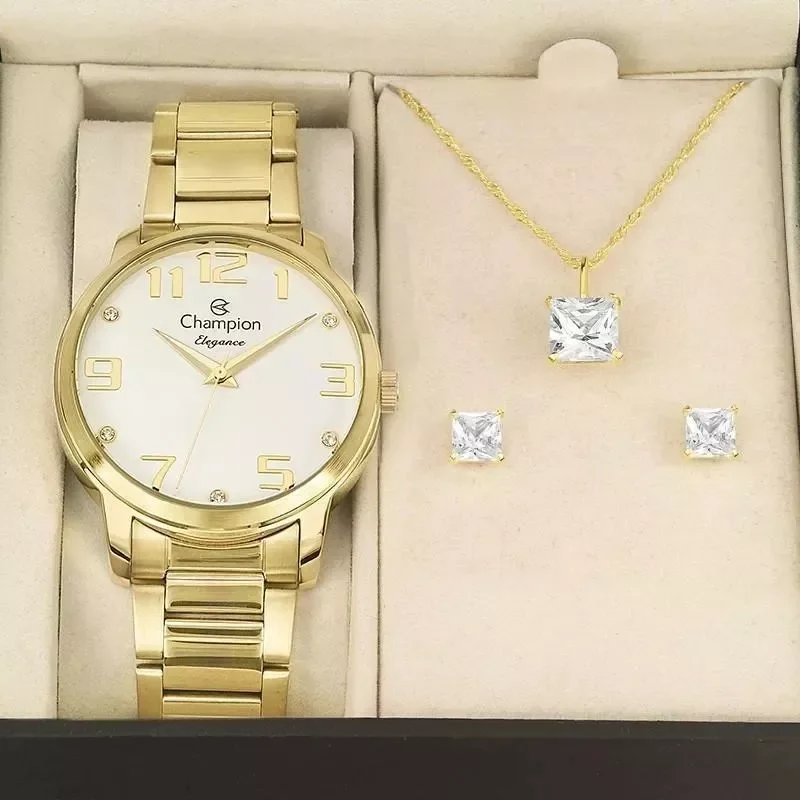 Relógio Champion Feminino Dourado Analógico Prova D´agua CN26028W Colar e Brincos Dourado 7