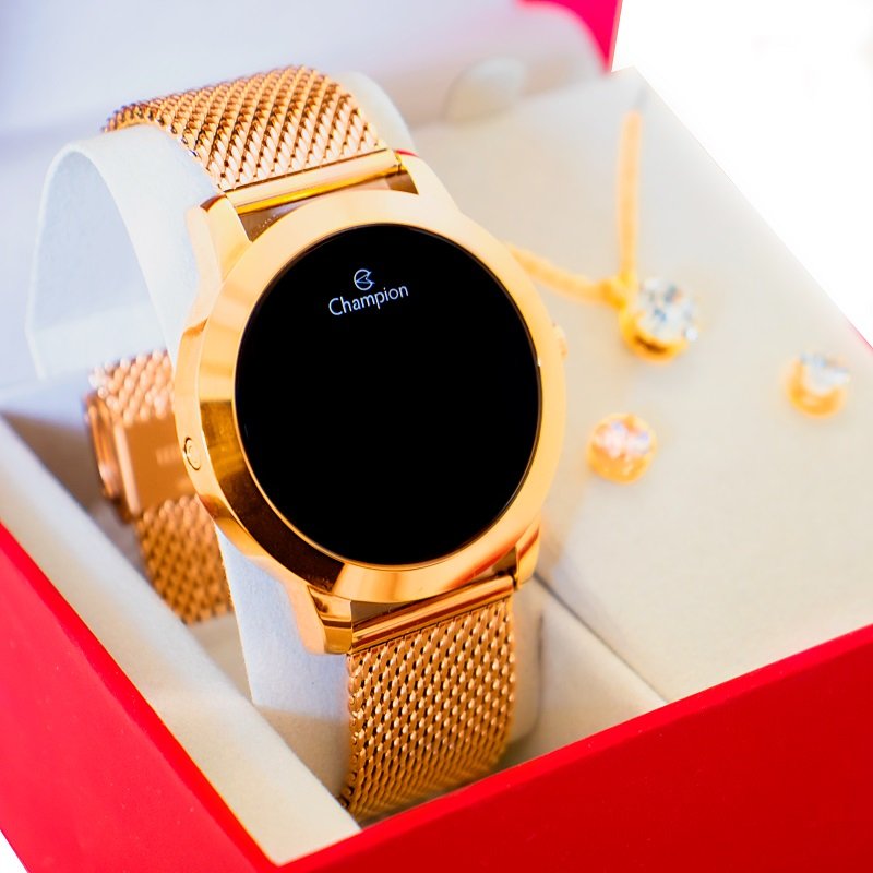 Relógio Champion Feminino Dourado Digital Led Vermelho CH40106H Kit Colar e Brincos Dourado 1