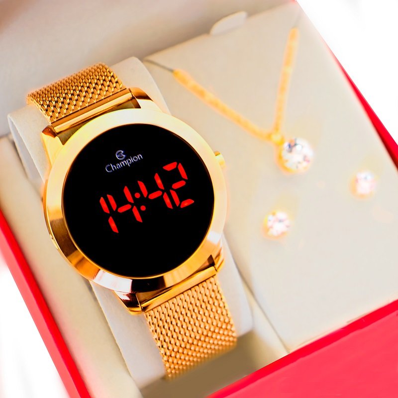 Relógio Champion Feminino Dourado Digital Led Vermelho CH40106H Kit Colar e Brincos Dourado 4