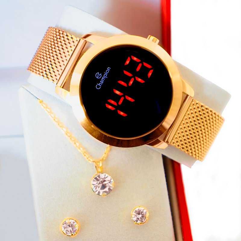 Relógio Champion Feminino Dourado Digital Led Vermelho CH40106H Kit Colar e Brincos Dourado 5