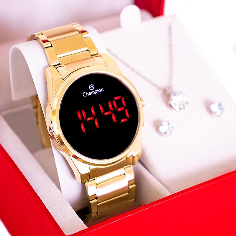 Relógio Feminino Champion Digital Dourado Led Vermelho CH40124H + Colar e Brincos Dourado 1