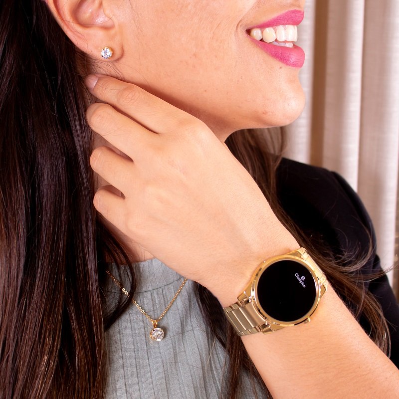 Relógio Feminino Champion Digital Dourado Led Vermelho CH40124H + Colar e Brincos Dourado 2