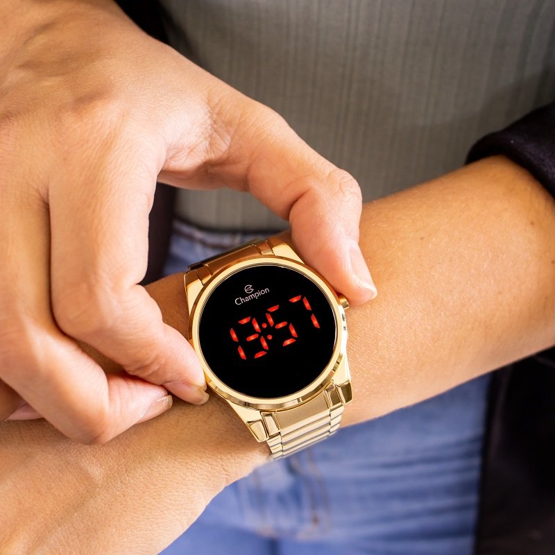 Relógio Feminino Champion Digital Dourado Led Vermelho CH40124H + Colar e Brincos Dourado 3