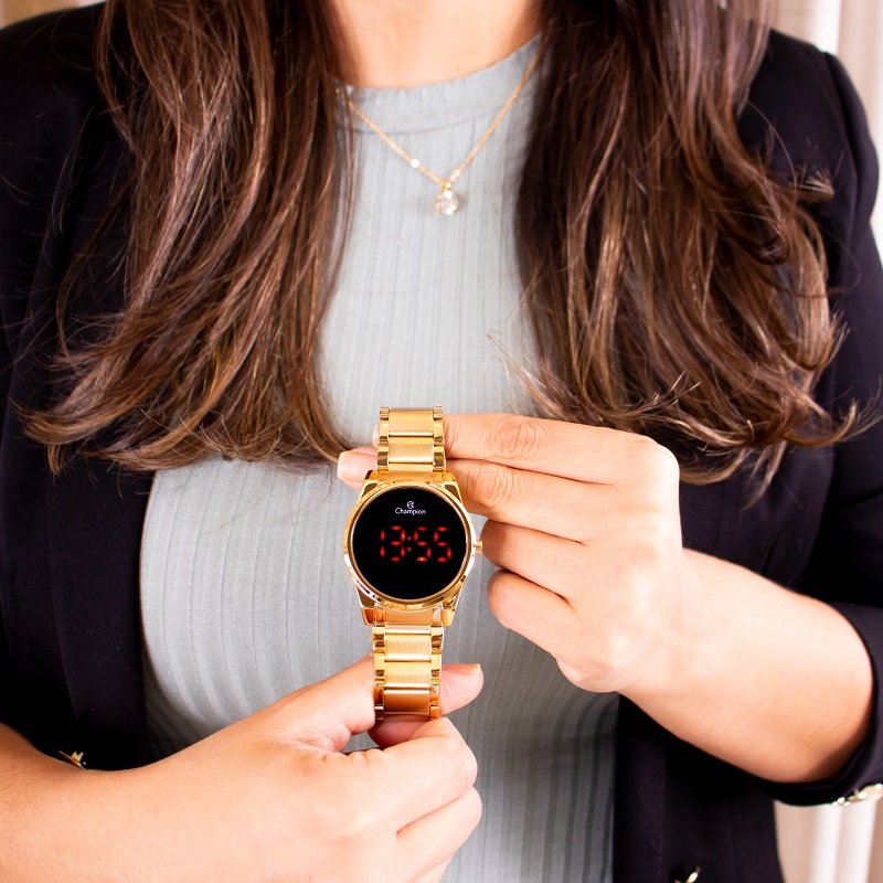 Relógio Feminino Champion Digital Dourado Led Vermelho CH40124H + Colar e Brincos Dourado 4