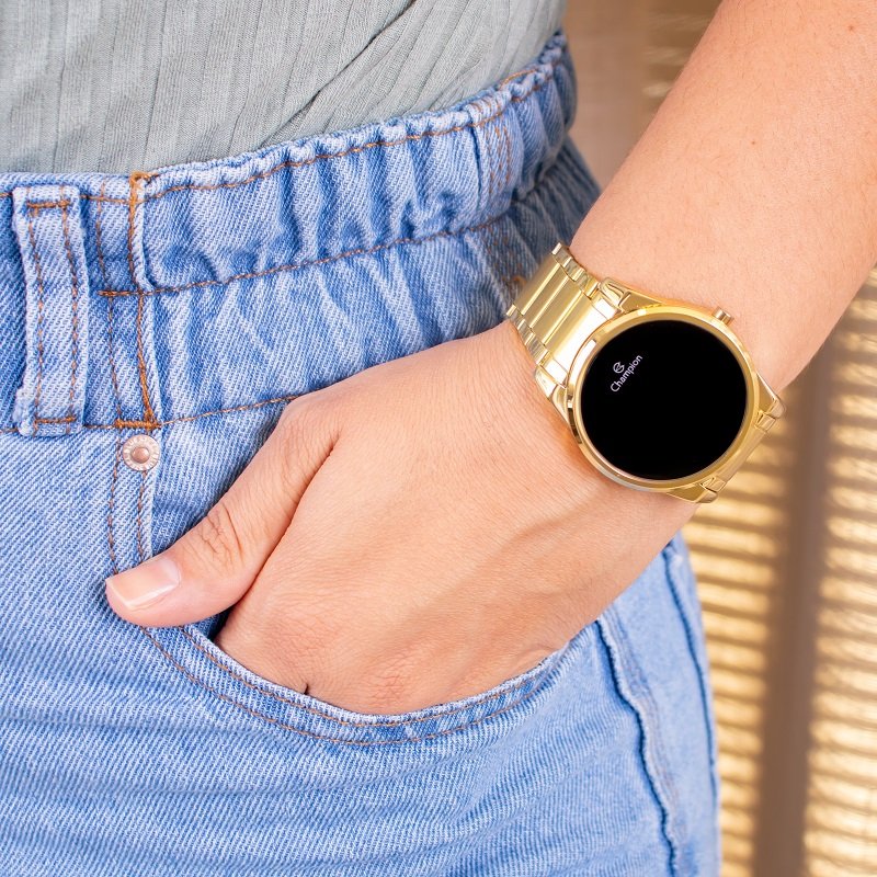 Relógio Feminino Champion Digital Dourado Led Vermelho CH40124H + Colar e Brincos Dourado 5