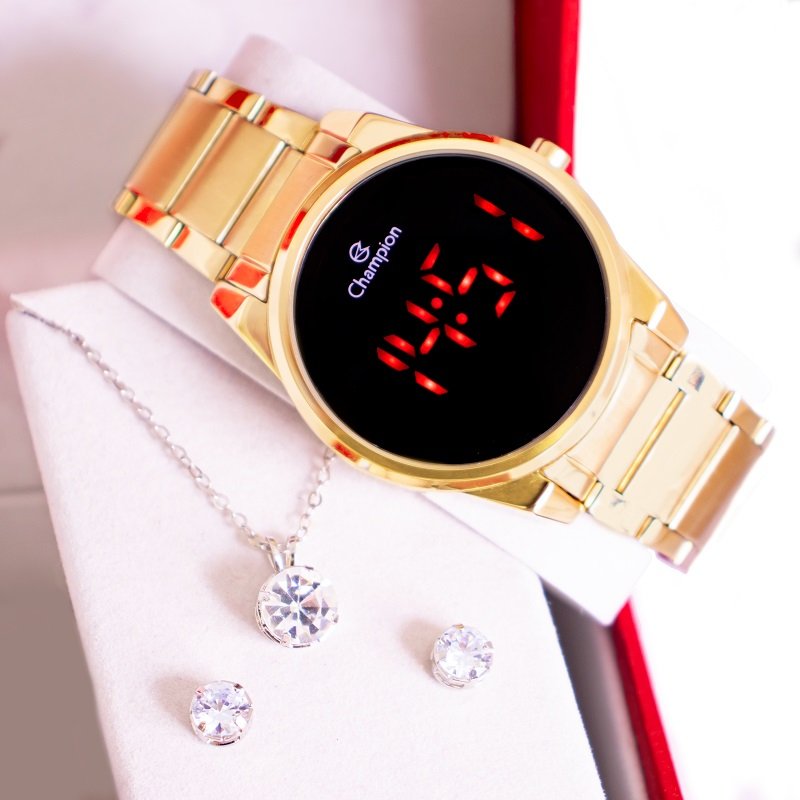 Relógio Feminino Champion Digital Dourado Led Vermelho CH40124H + Colar e Brincos Dourado 6