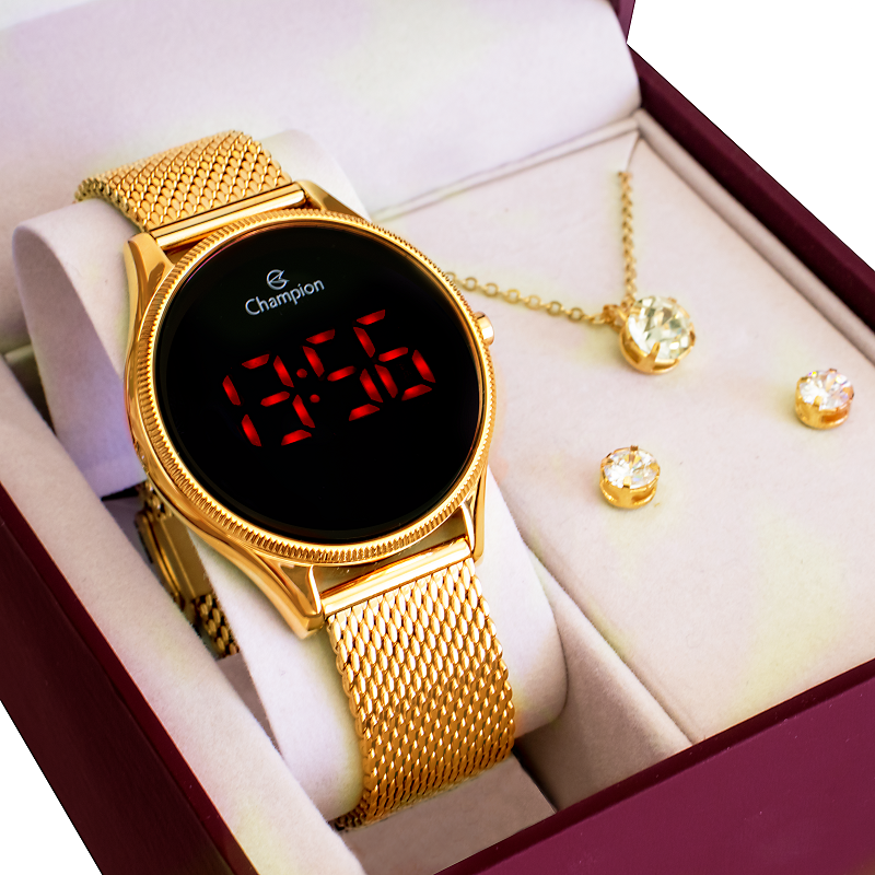 Relógio Champion Feminino Dourado Digital Led Vermelho CH40133V Colar e Brincos Dourado 1