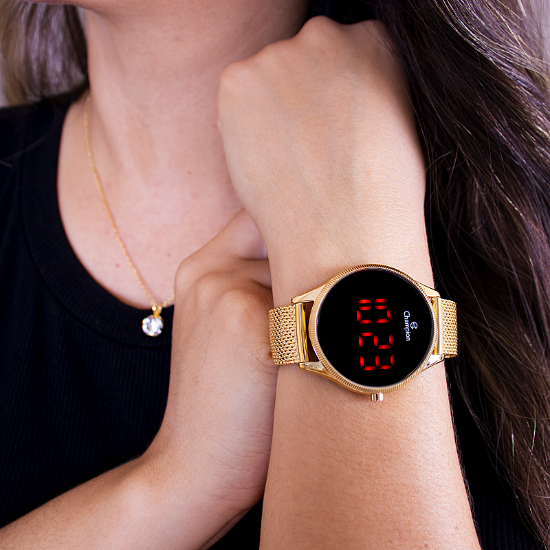Relógio Champion Feminino Dourado Digital Led Vermelho CH40133V Colar e Brincos Dourado 2