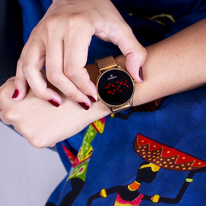 Relógio Champion Feminino Dourado Digital Led Vermelho CH40133V Colar e Brincos Dourado 4