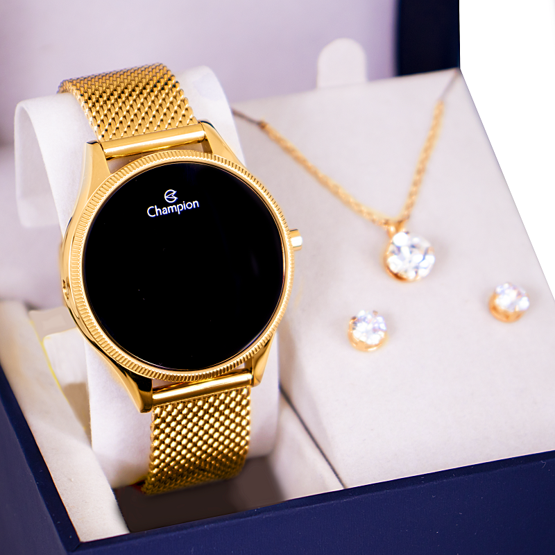 Relógio Champion Feminino Dourado Digital Led Vermelho CH40133V Colar e Brincos Dourado 5