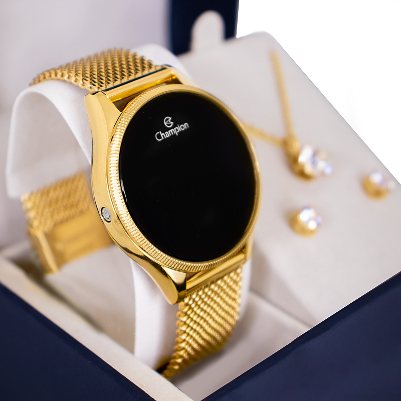 Relógio Champion Feminino Dourado Digital Led Vermelho CH40133V Colar e Brincos Dourado 6